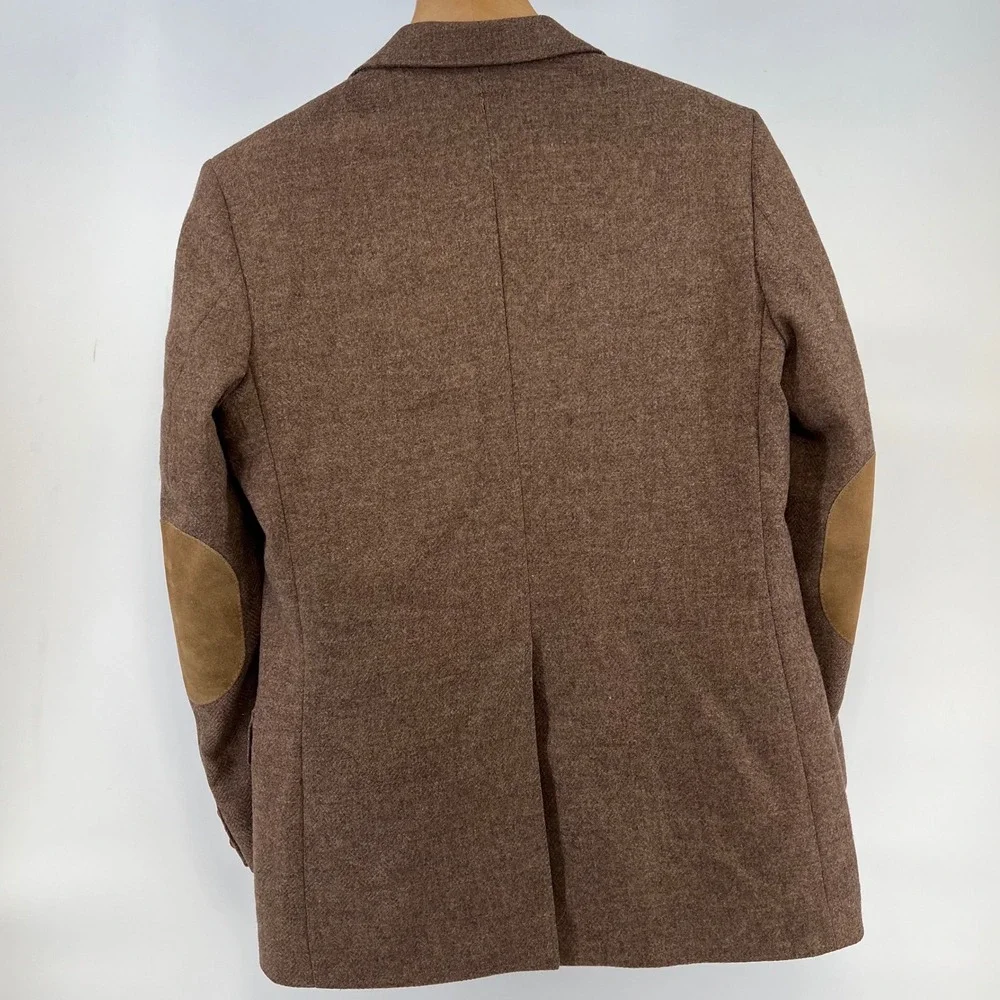 Farah Vintage Mens 40L Brown Wool Tweed Blazer Suede Elbow Patches Made in USA